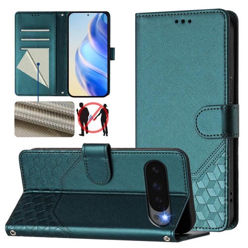 Funda de Cuero con Relieve Panal Global RFID para Google Pixel 10 5G y 10 Pro 5G (Verde Pavo Real)