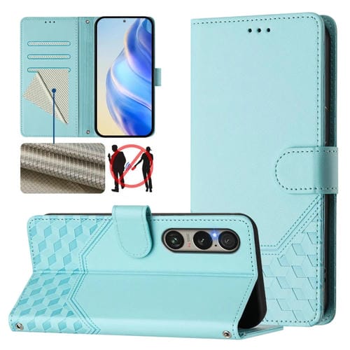 Funda de Cuero Rfid con Relieve en Panal para Sony Xperia 1 Vi (2024) (Verde Menta)