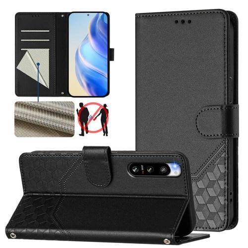 Funda de Cuero RFID con Relieve en Panal para Sony Xperia 5 IV (Negra)