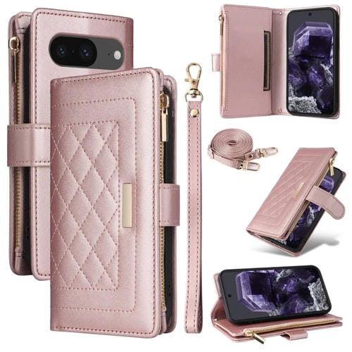 Funda de Cuero para Google Pixel 8 con Diseño de Rombos y Billetera Cruzada con Cremallera (Oro Rosa)