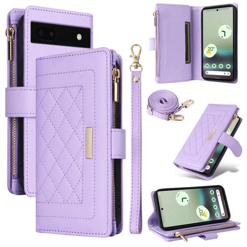 Funda de Cuero con Diseño de Rombos y Billetera Cruzada con Cremallera para Google Pixel 6A (Morado)