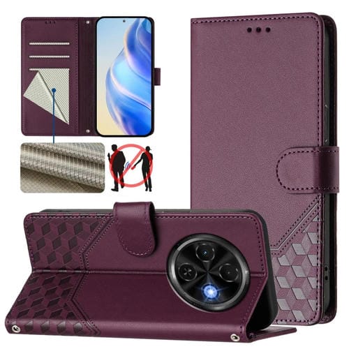 Funda de Cuero Rfid con Relieve en Panal para Tecno Spark 30C (Violeta)