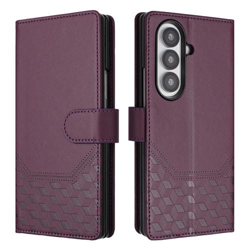 Funda de cuero RFID con relieve de panal para Samsung Galaxy Z Fold7 5G (violeta)