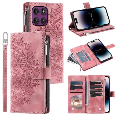 Funda de cuero con cremallera y múltiples tarjetas para Motorola Edge 60 Pro (rosa)