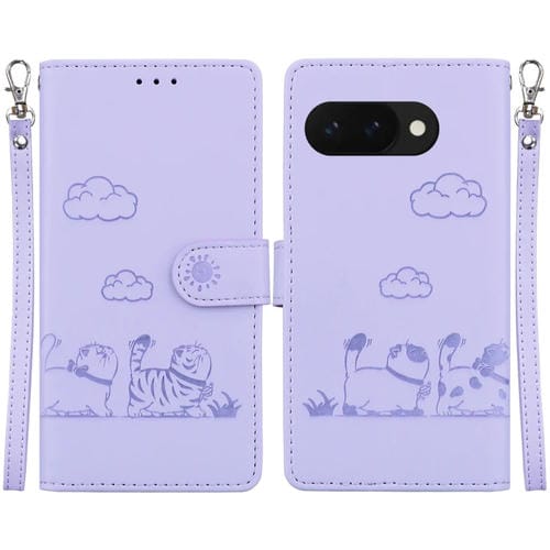 Funda de Cuero Rfid para Google Pixel 9A con Diseño de Gatos (Morado)
