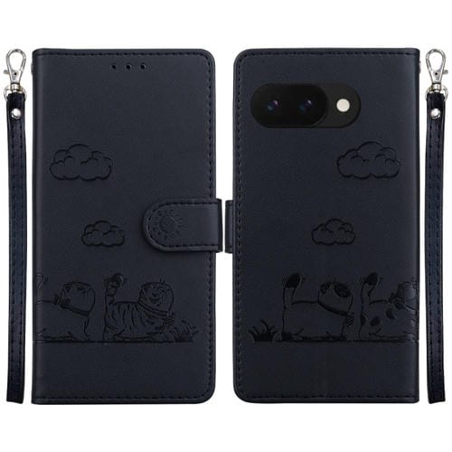Funda de Cuero Rfid para Google Pixel 9A con Diseño de Gatos (Negra)