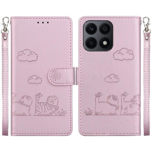 Funda de Cuero Rfid para Honor X8A con Diseño de Gatos (Oro Rosa)