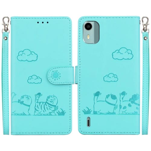 Funda de Cuero Rfid para Nokia C12 con Diseño de Gatos (Verde)