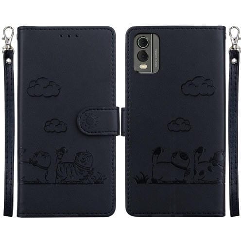 Funda de Cuero Rfid para Nokia C32 con Diseño de Gatos (Negra)