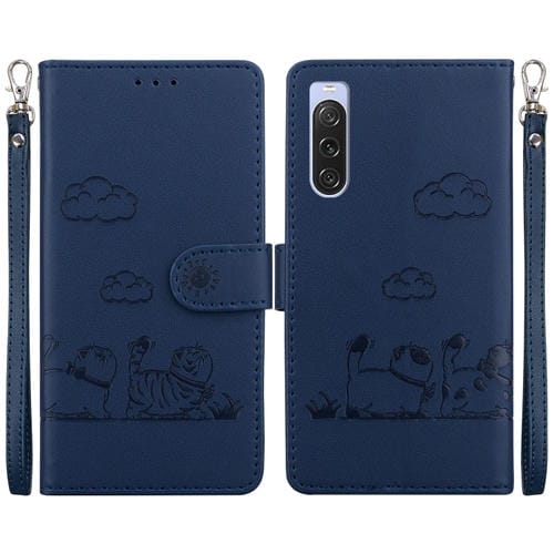 Funda de Cuero Rfid para Sony Xperia 10 V con Diseño de Gatos (Azul)