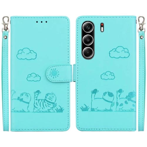 Funda de piel RFID con diseño de gatos para Tecno Camon 40 Pro 4G (verde)