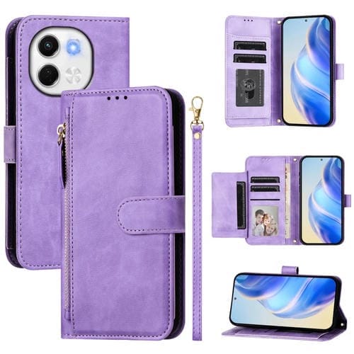 Funda de Cuero con Cremallera para Tecno Spark 30 5G y Pova 6 Neo 5G con Ranuras para Tarjetas (Morado)