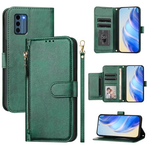 Funda de Cuero Tipo Billetera para Nokia C300 con Cremallera y Ranuras para Tarjetas (Verde)