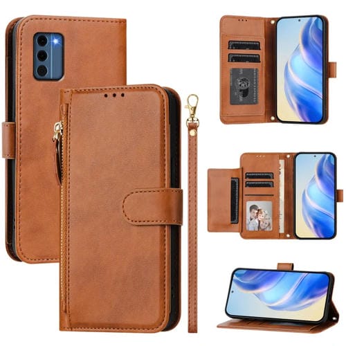 Funda de Cuero con Cremallera y Ranuras para Tarjetas para Nokia C300 (Marrón)
