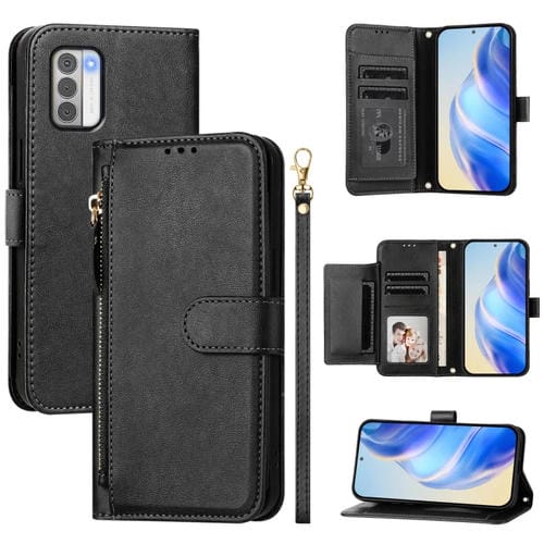 Funda de Cuero con Cremallera y Ranuras para Tarjetas para Nokia G42/G310 (Negra)