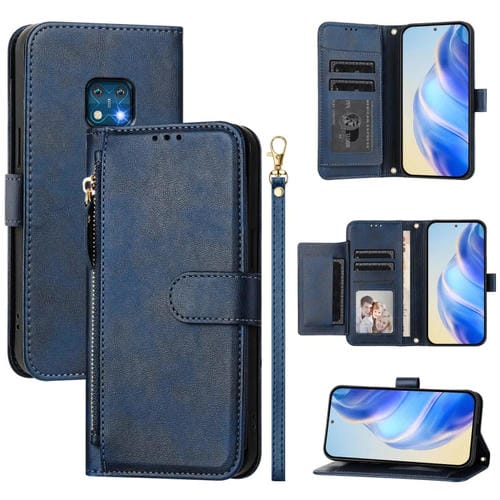 Funda de Cuero Tipo Billetera para Nokia Xr20 con Cremallera y Ranuras para Tarjetas (Azul)