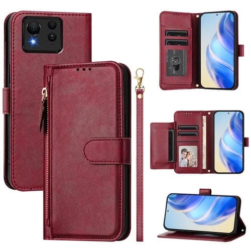 Funda de Cuero con Cremallera y Ranuras para Tarjetas para Asus Zenfone 11 Ultra (Rojo Oscuro)