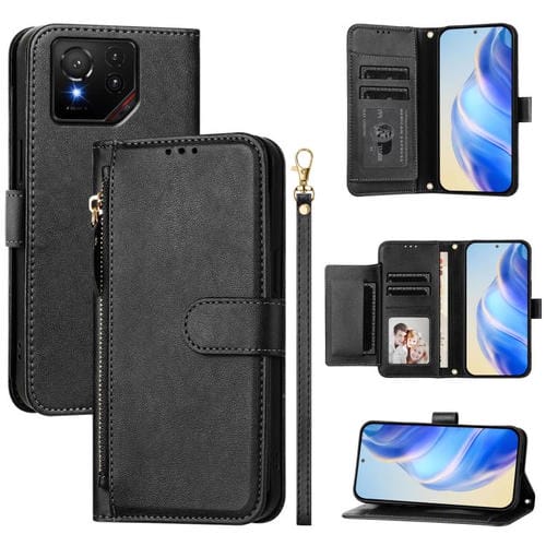 Funda de Cuero con Cremallera y Ranuras para Tarjetas para Asus Rog Phone 9 y Phone 9 Pro (Negra)