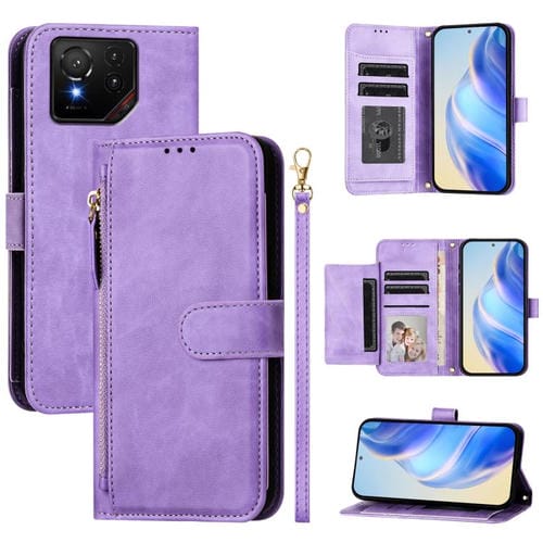 Funda de Cuero con Cremallera y Ranuras para Tarjetas para Asus Rog Phone 9 y Phone 9 Pro (Morada)