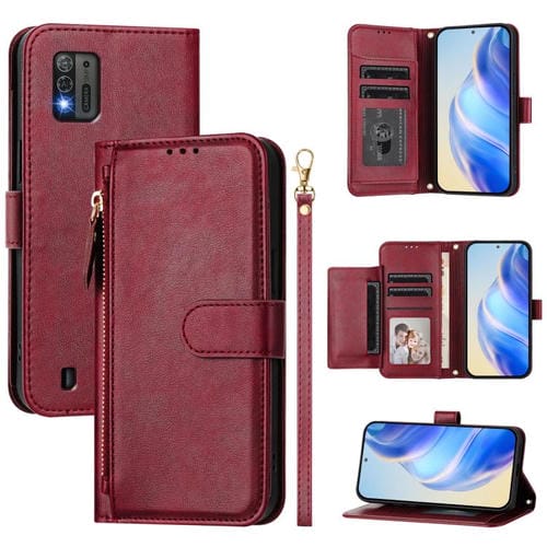 Funda de cuero tipo billetera con cremallera y ranuras para múltiples tarjetas para ZTE Blade A52 Lite (rojo oscuro)