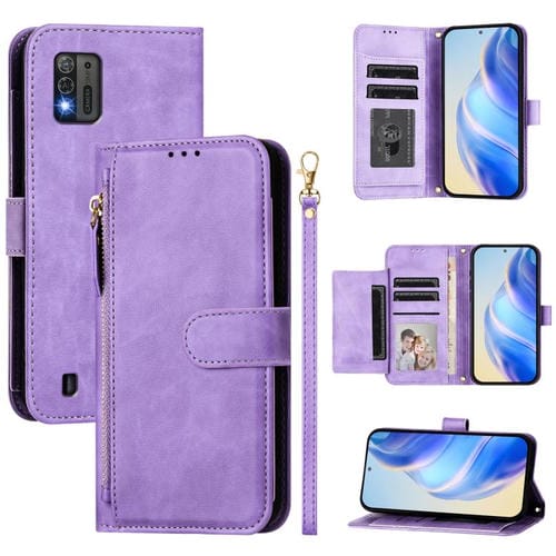 Funda de cuero tipo billetera con cremallera y ranuras para múltiples tarjetas para ZTE Blade A52 Lite (morado)