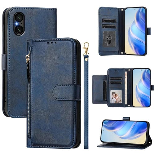 Funda de Cuero Tipo Billetera para Sony Xperia 5 V con Cremallera y Ranuras (Azul)