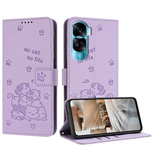 Funda de Piel para Honor 90 Lite/X50I 5G con Diseño de Gatito en Relieve y Cordón (Morada)