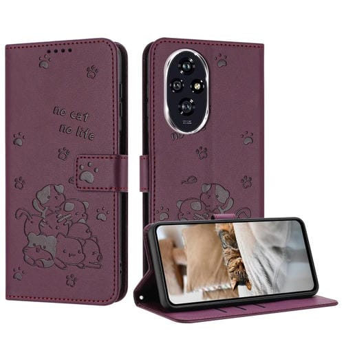 Funda de Piel Honor 200 Pro 5G con Diseño de Gatito en Relieve y Cordón (Rojo Vino)