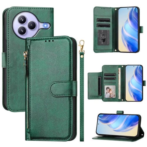 Funda de cuero con cremallera y ranuras para múltiples tarjetas para Xiaomi Civi 5 Pro (verde)