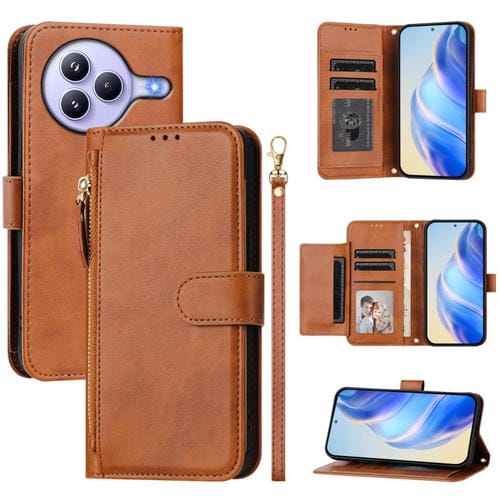 Funda de cuero con cremallera y ranuras para múltiples tarjetas para Xiaomi Civi 5 Pro (marrón)