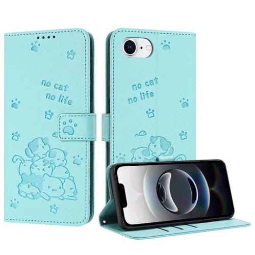 Funda de Piel para iPhone 16E con Forma de Gatito En Relieve y Cordón (Verde Menta)