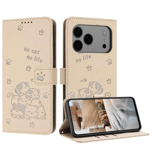 Funda de piel con diseño de gatito en relieve para iPhone 17 Pro Max con cordón (beige)