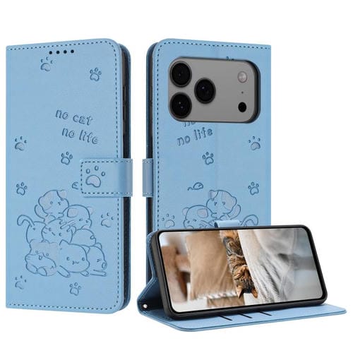 Funda de piel con diseño de gatito en relieve para iPhone 17 Pro Max con cordón (azul)