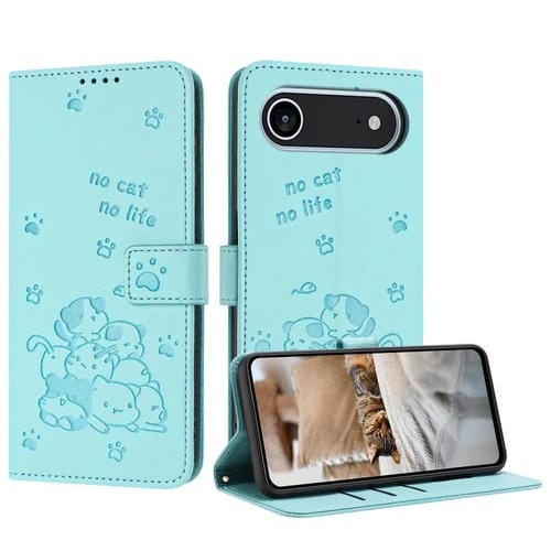 Funda de piel con diseño de gatito en relieve para iPhone 17 con cordón (verde menta)