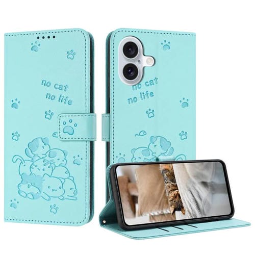 Funda de piel con diseño de gatito en relieve para iPhone 17 con cordón (verde menta)