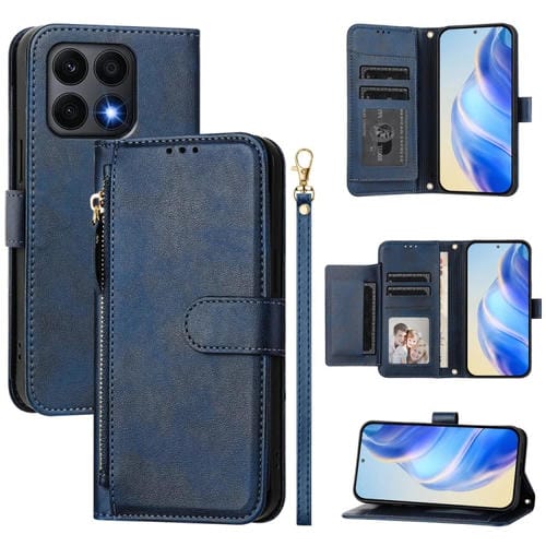 Funda de Cuero con Cremallera y Ranuras para Tarjetas para Honor X8A (Azul)