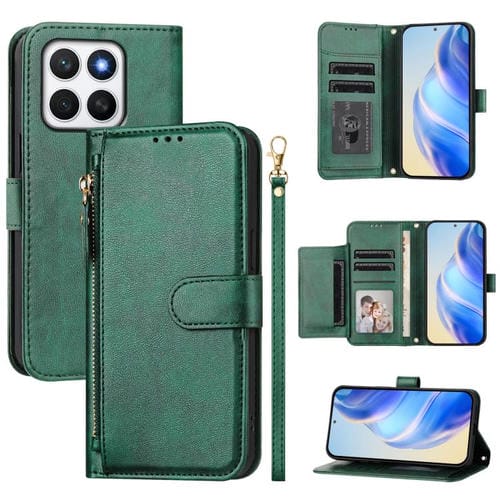 Funda de Cuero con Cremallera y Ranuras para Múltiples Tarjetas Honor X8C 4G (Verde)