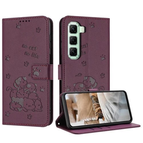 Funda de Cuero Infinix Hot 50 Pro+ 4G con Diseño de Gatito en Relieve y Cordón (Rojo Vino)