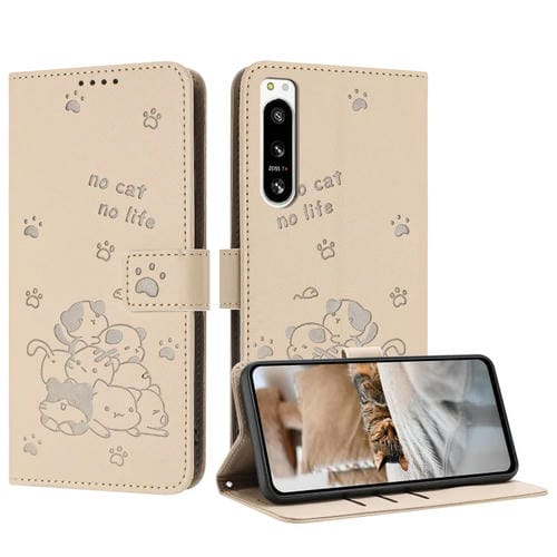 Funda de Cuero para Sony Xperia 5 Iv con Diseño de Gatito En Relieve y Cordón (Beige)