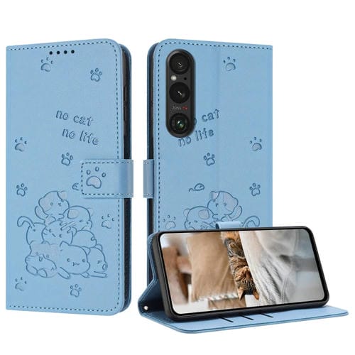 Funda de Cuero Sony Xperia 1 Vi con Diseño de Gatito En Relieve y Cordón (Azul)