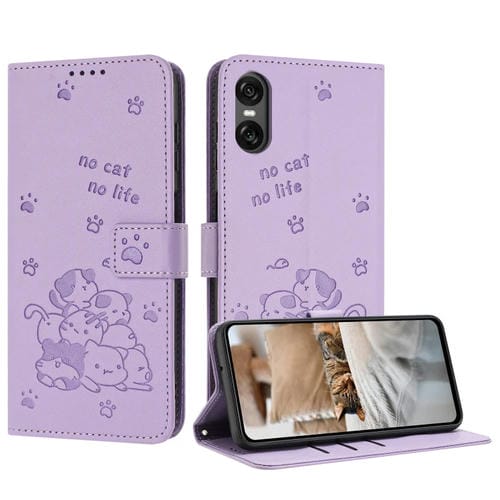 Funda de Cuero para Sony Xperia 5 Vi con Diseño de Gatito En Relieve y Cordón (Morado)