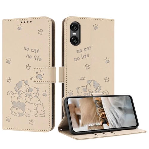 Funda de Cuero para Sony Xperia 5 Vi con Diseño de Gatito En Relieve y Cordón (Beige)