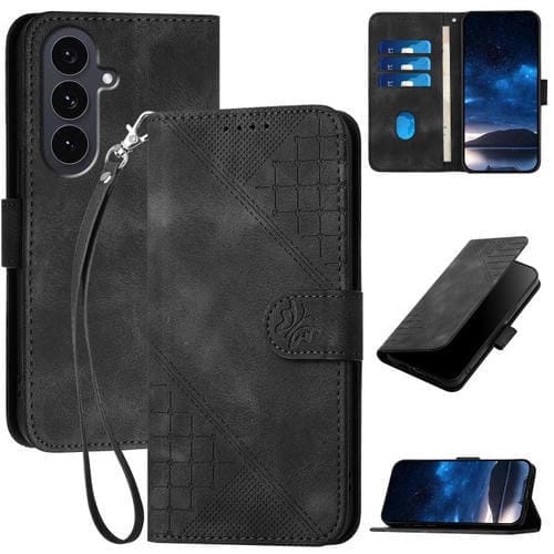 Funda de cuero con estampado de mariposas en relieve y cordón para Samsung Galaxy S25 FE 5G (negro)
