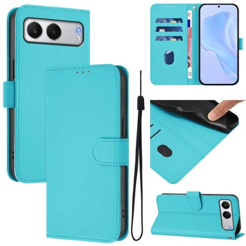 Funda de Piel para OnePlus Nord 4 5G con Textura Liso y Cordón (Azul Lago)