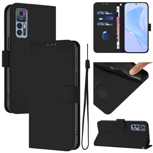 Funda de Cuero con Cordón para Teléfono TCL 30 4G / 30 5G / 30+ Tacto Piel (Negro)