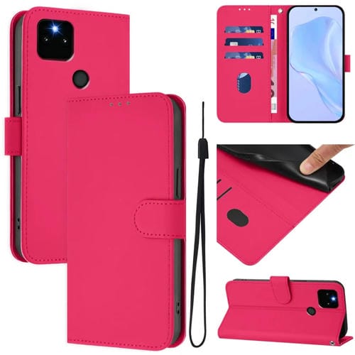 Funda de Cuero con Cordón para Google Pixel 5A (Rojo Rosa) Diseño de Piel Liso