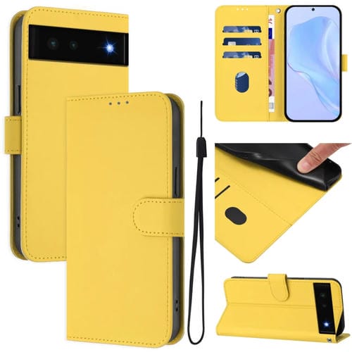 Funda de Cuero con Cordón para Google Pixel 6 (Amarillo Limón) Diseño Piel Liso