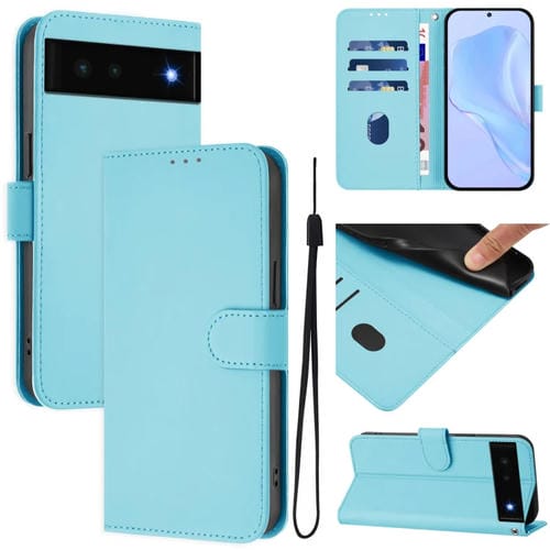 Funda de Cuero con Cordón para Google Pixel 6 (Azul Cielo) Diseño de Piel Liso