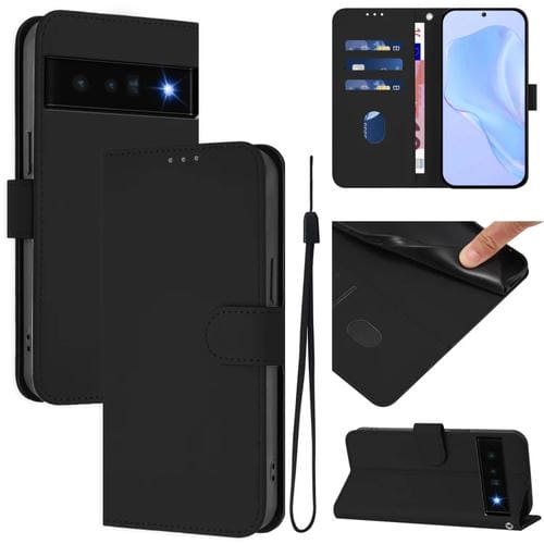Funda de Cuero con Cordón para Google Pixel 6 Pro (Negro) Diseño Piel Liso