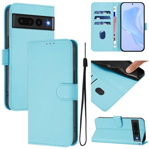 Funda de Cuero con Cordón para Google Pixel 7 Pro (Azul Cielo) Diseño Piel Liso